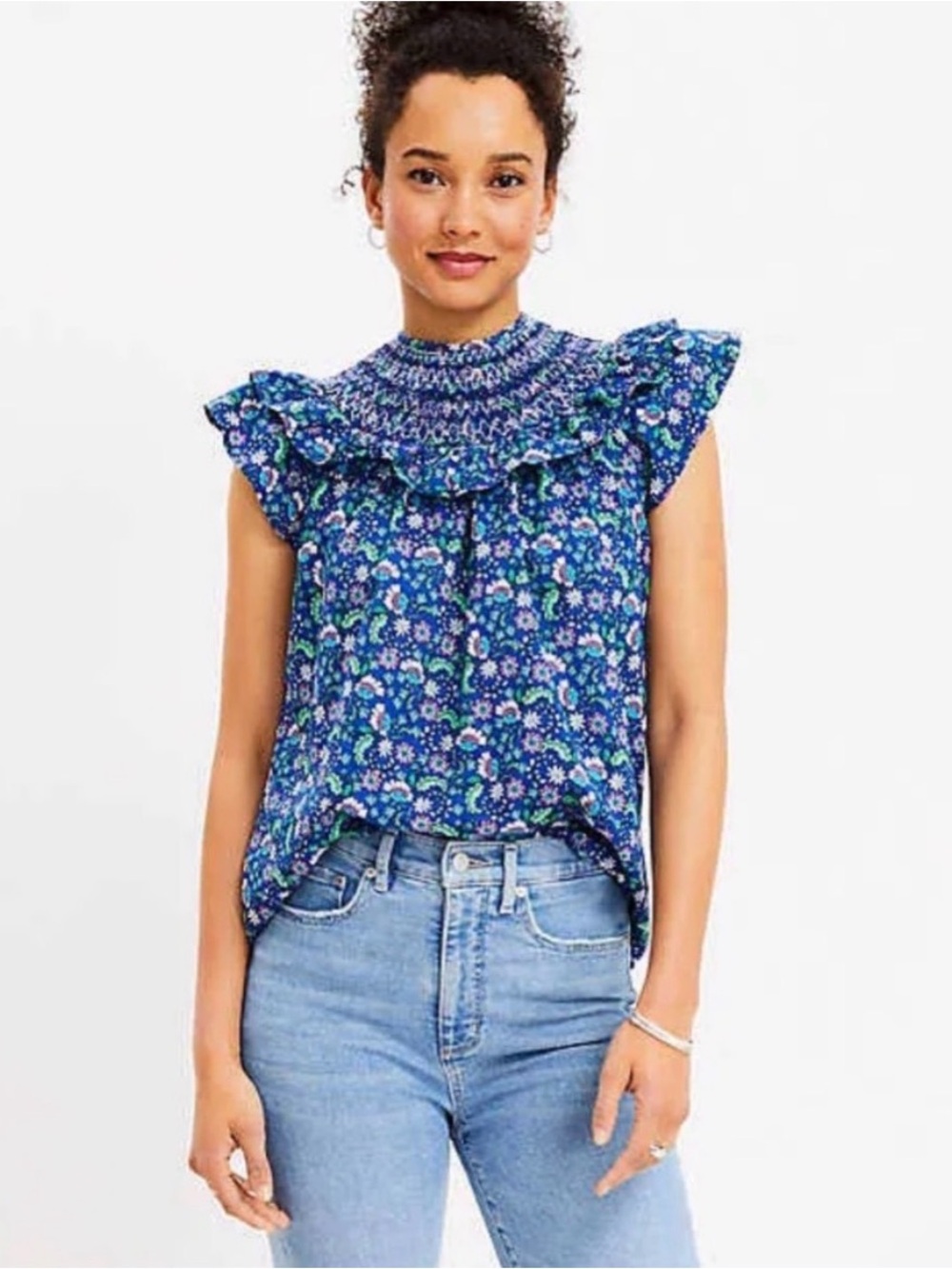 Loft Small Blue Floral Smocked Ruffle Top